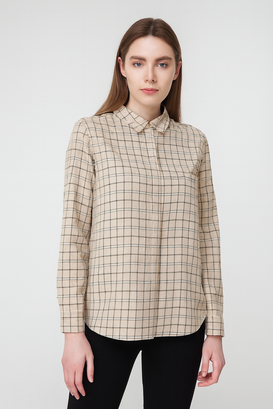 Light Brown Checked Viscose Cotton Shirt