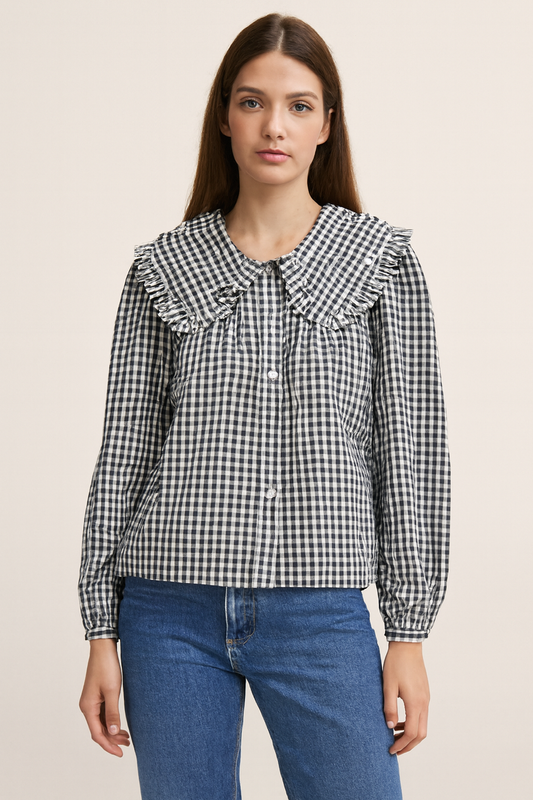Cotton Black Gingham Frill Collar Cotton Shirt