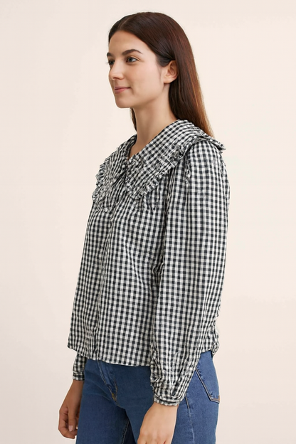 Cotton Black Gingham Frill Collar Cotton Shirt