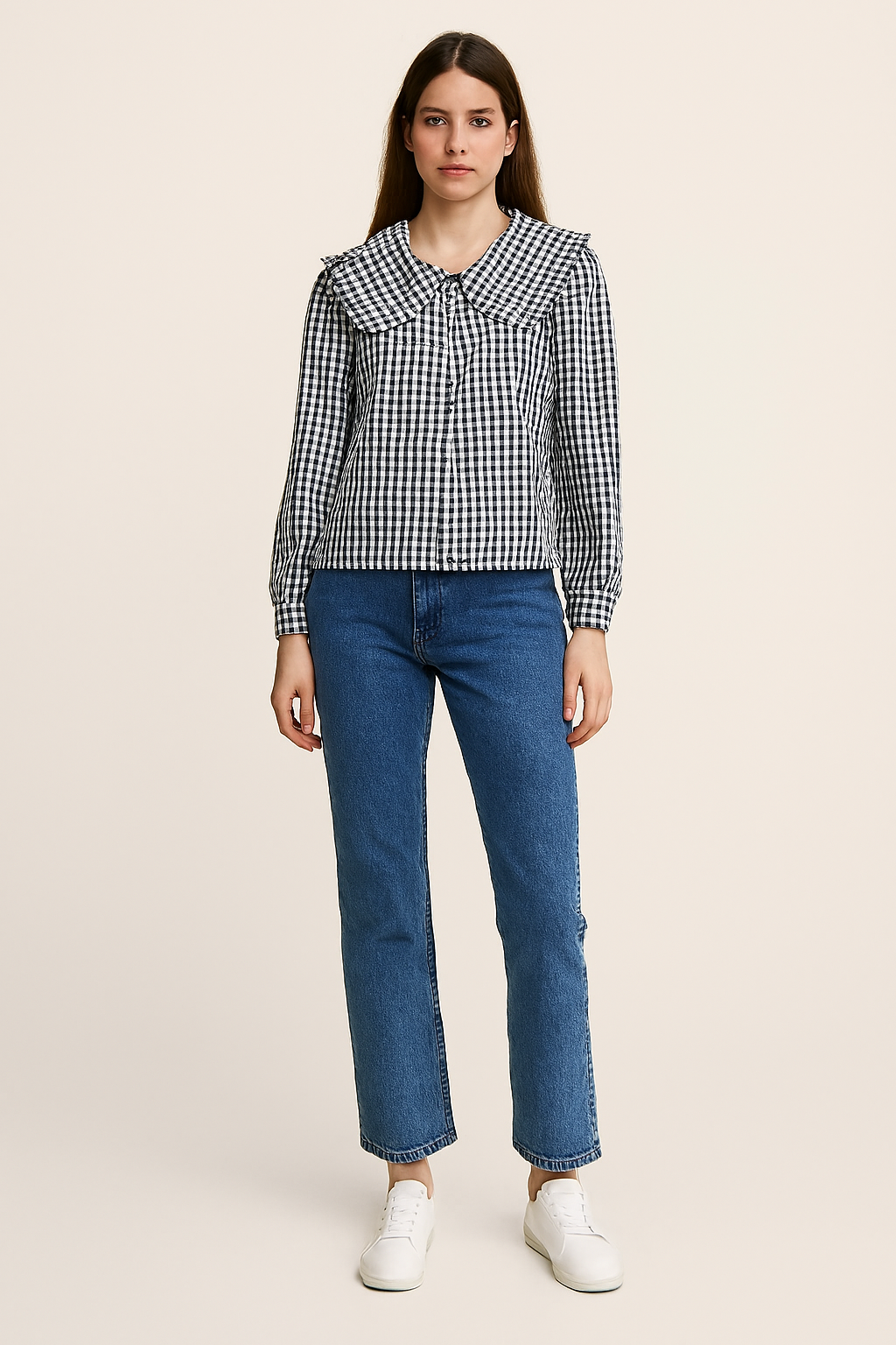 Cotton Black Gingham Frill Collar Cotton Shirt
