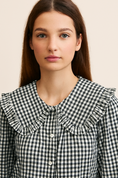 Cotton Black Gingham Frill Collar Cotton Shirt