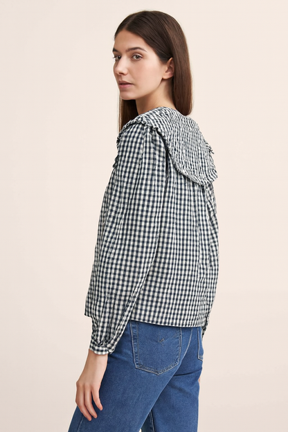 Cotton Black Gingham Frill Collar Cotton Shirt