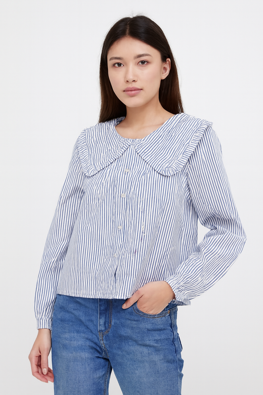 Cotton Blue Gingham Frill Collar Cotton Shirt