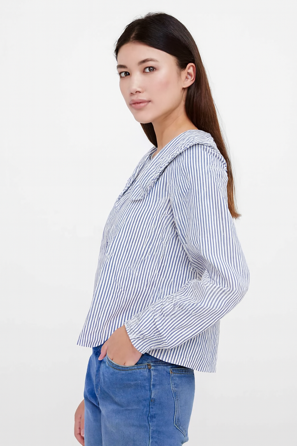 Cotton Blue Gingham Frill Collar Cotton Shirt