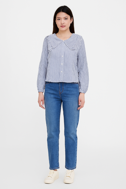 Cotton Blue Gingham Frill Collar Cotton Shirt