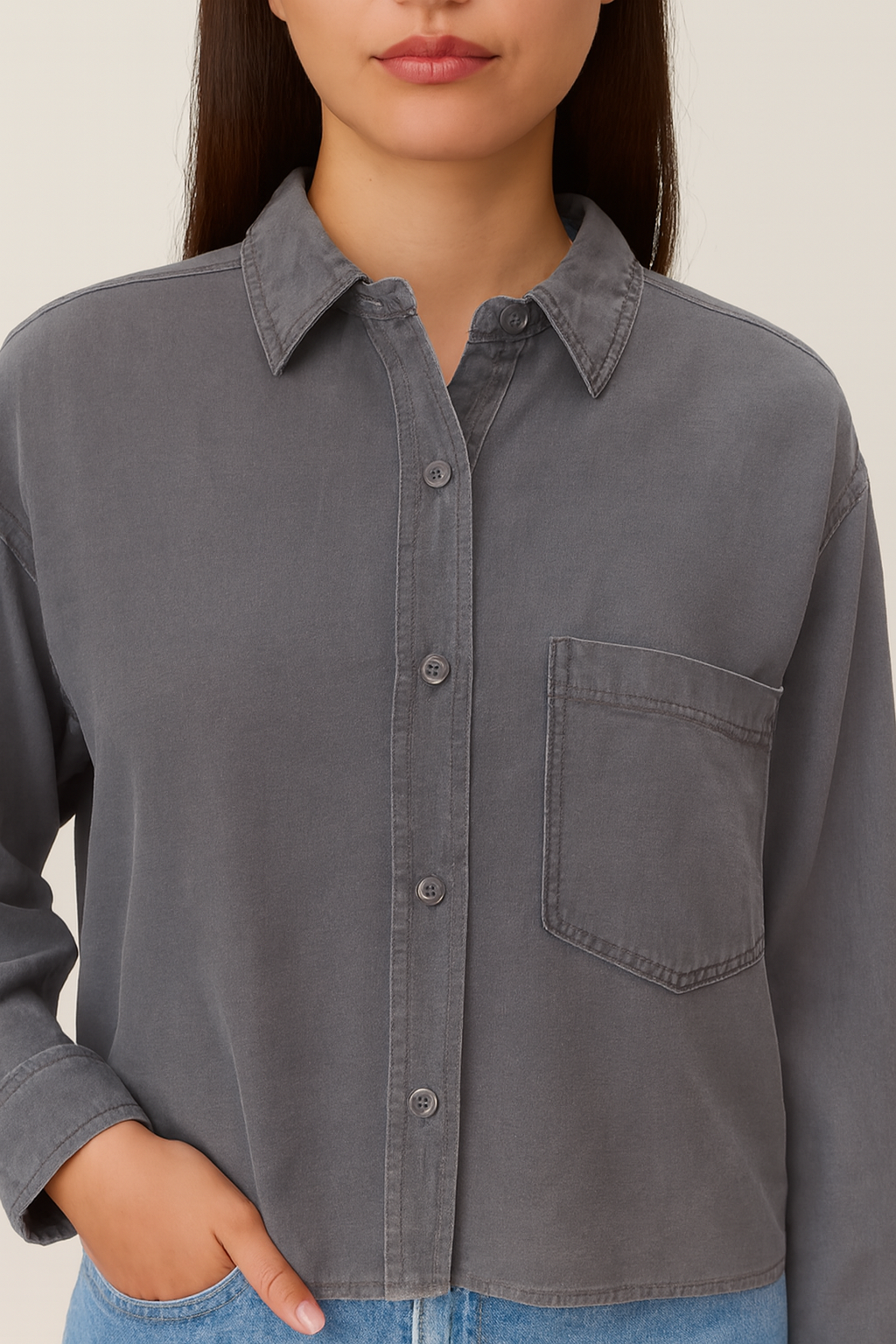 Viscose Grey Stretch Loose Fit Pocket Shirt