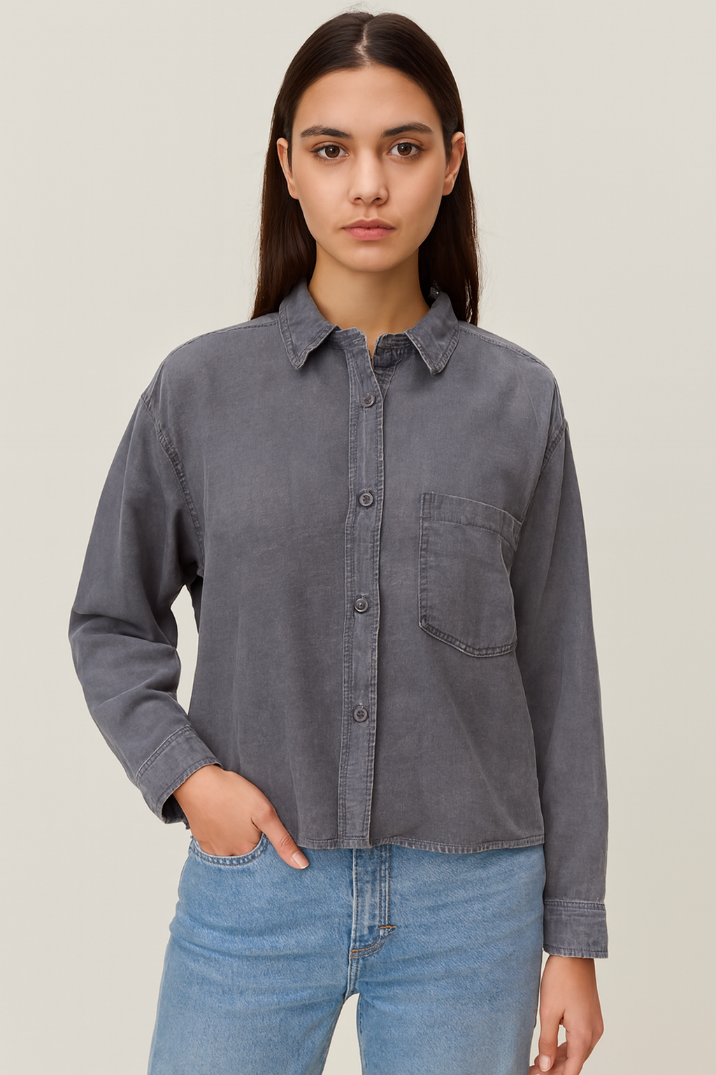 Viscose Grey Stretch Loose Fit Pocket Shirt