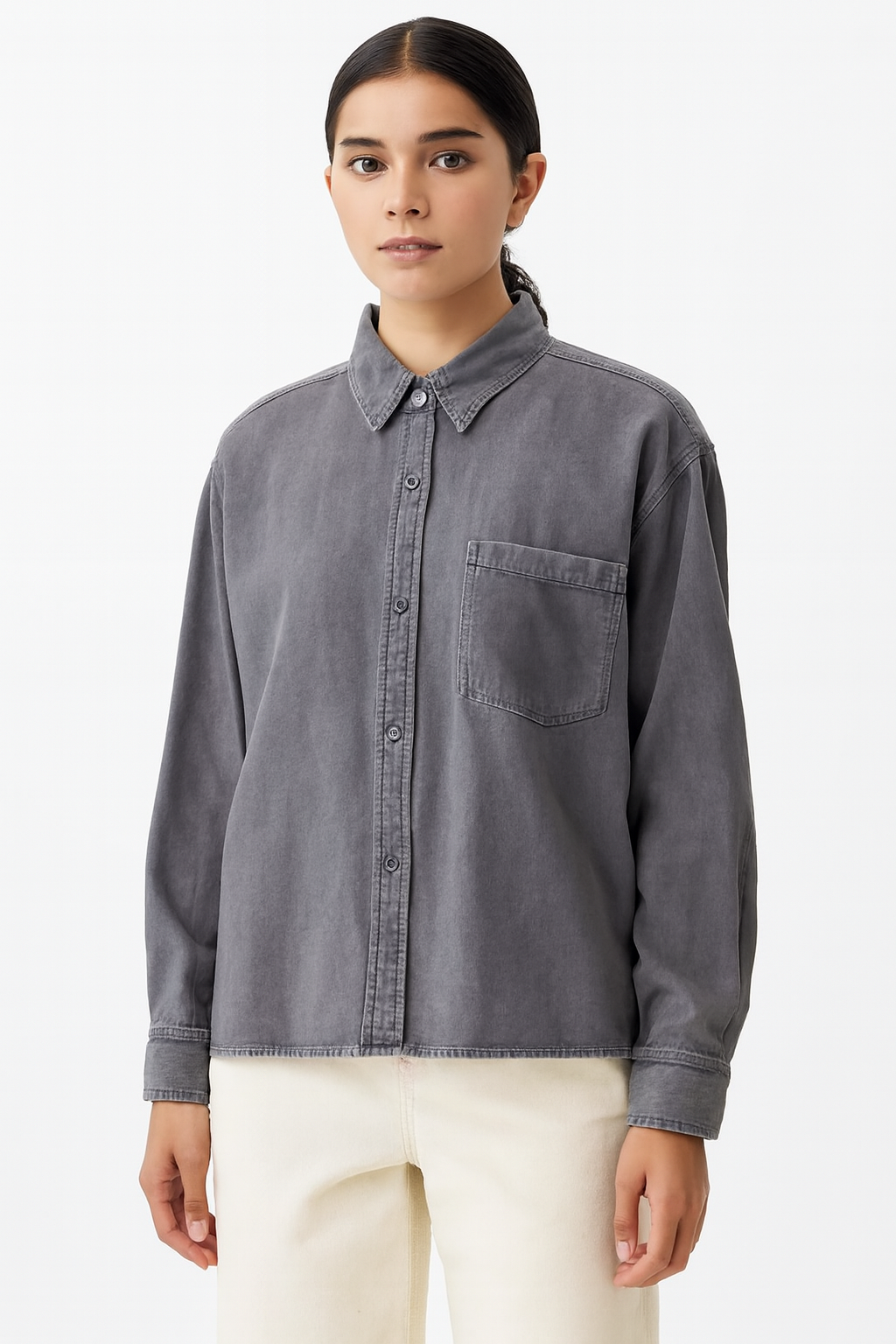 Viscose Grey Stretch Loose Fit Pocket Shirt