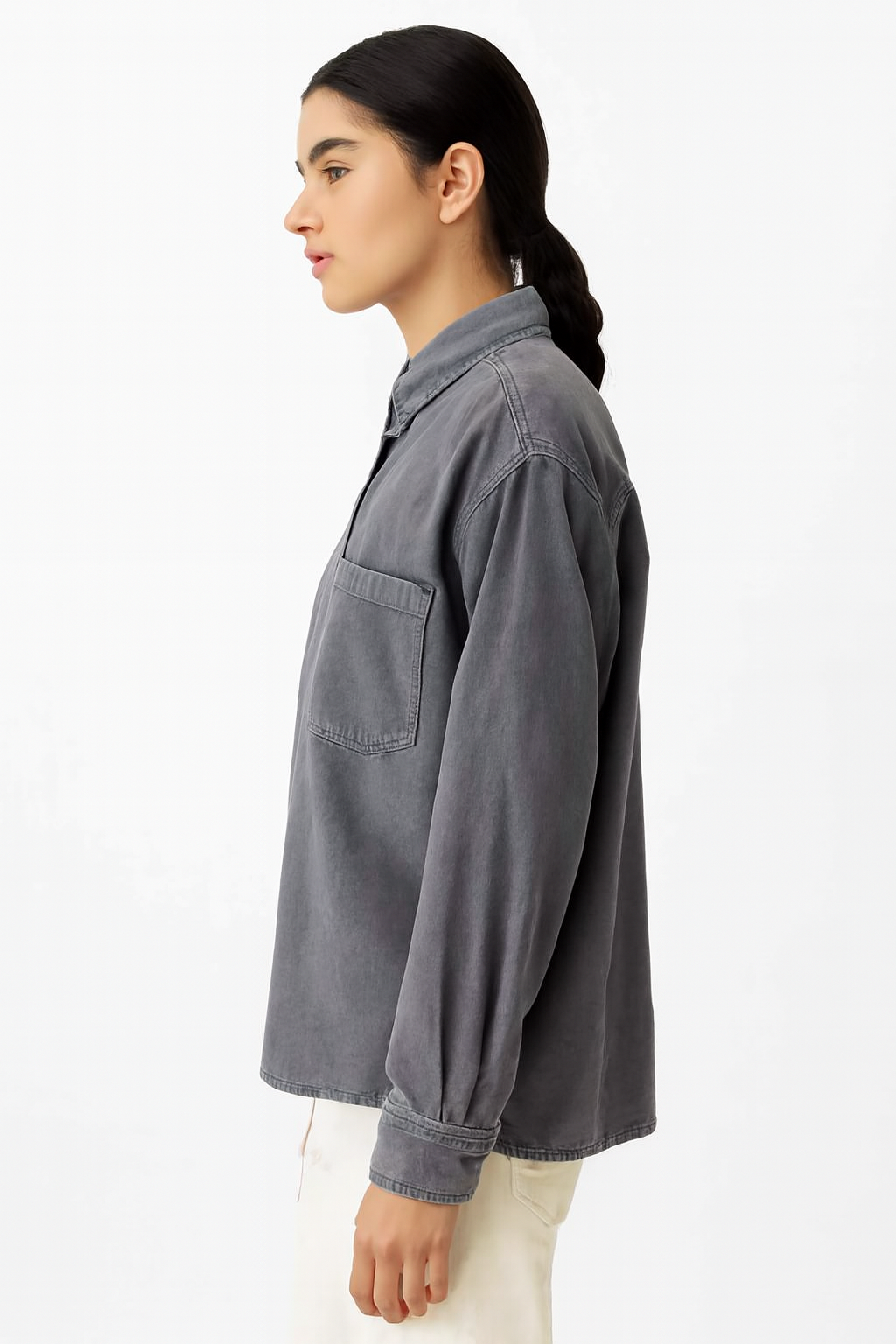 Viscose Grey Stretch Loose Fit Pocket Shirt