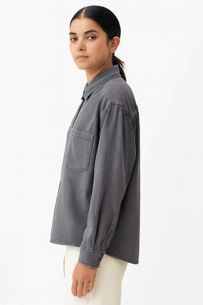 Viscose Grey Stretch Loose Fit Pocket Shirt