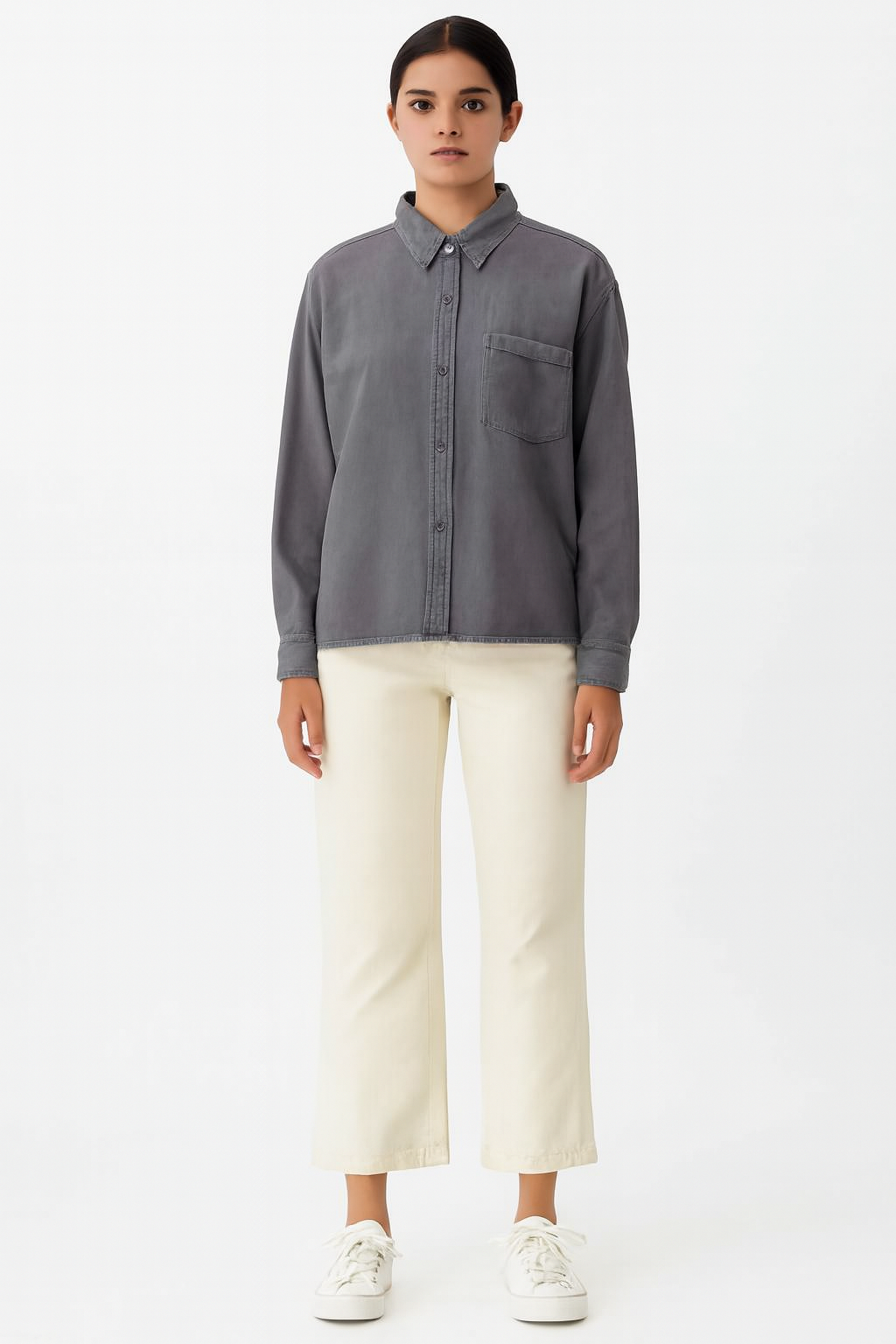 Viscose Grey Stretch Loose Fit Pocket Shirt