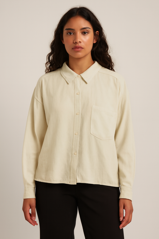 Viscose Light Beige Stretch Loose Fit Pocket Shirt