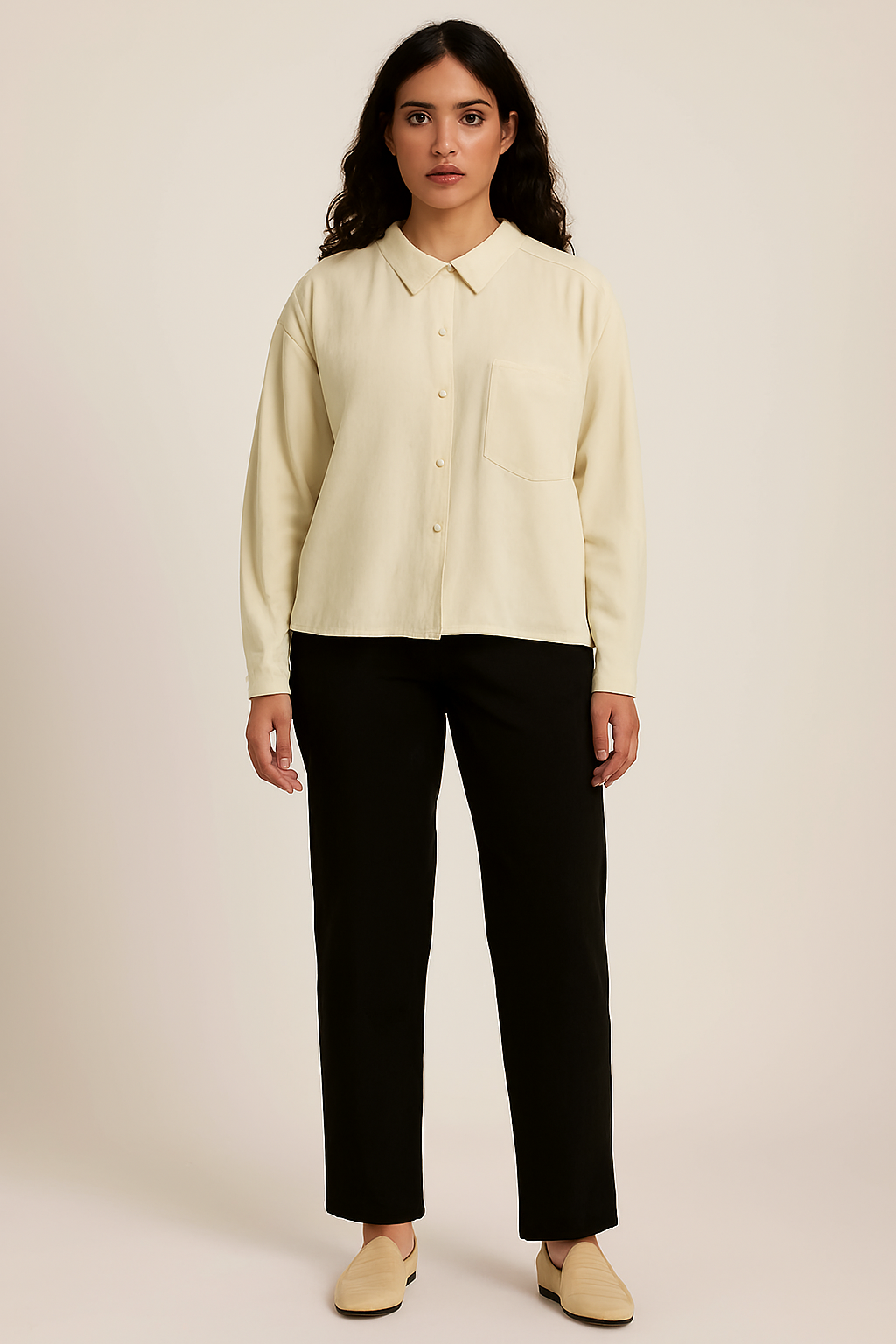 Viscose Light Beige Stretch Loose Fit Pocket Shirt