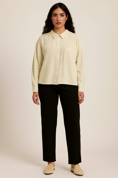 Viscose Light Beige Stretch Loose Fit Pocket Shirt