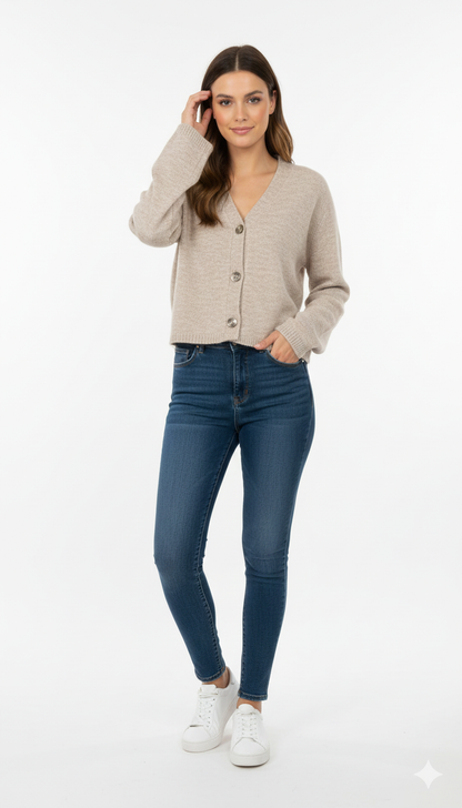 Acrylic Full Sleeve Beige V-Neck Knit Cardigan