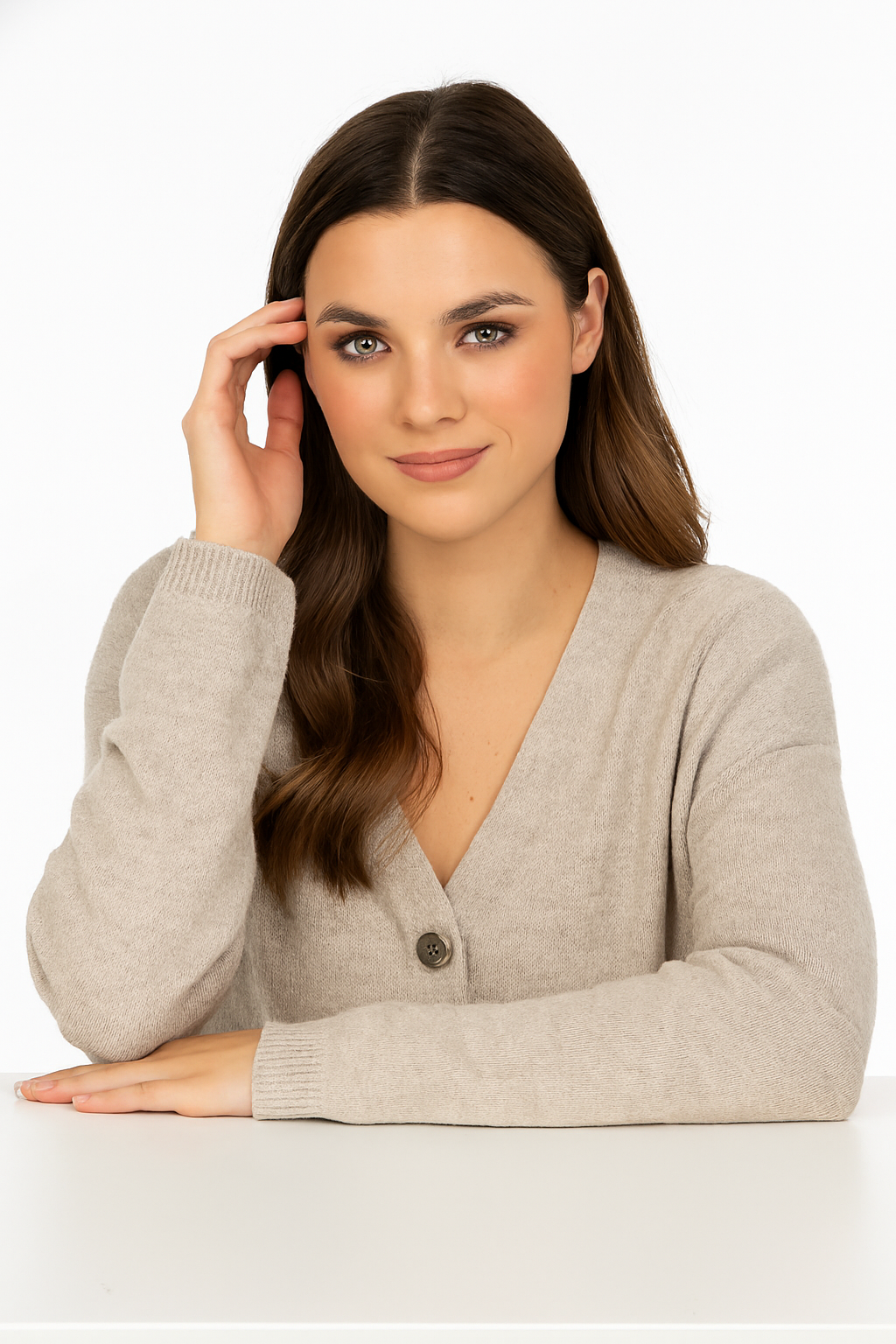 Acrylic Full Sleeve Beige V-Neck Knit Cardigan