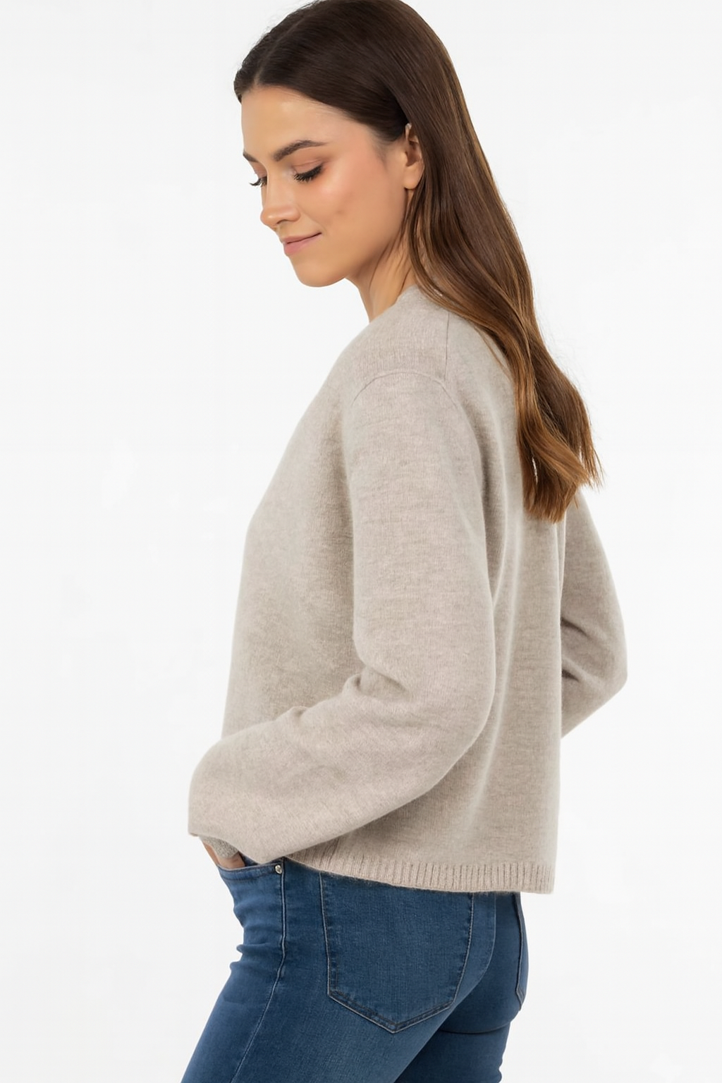 Acrylic Full Sleeve Beige V-Neck Knit Cardigan