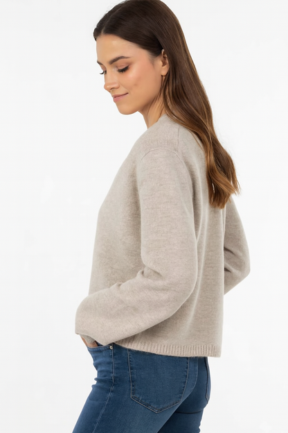 Acrylic Full Sleeve Beige V-Neck Knit Cardigan
