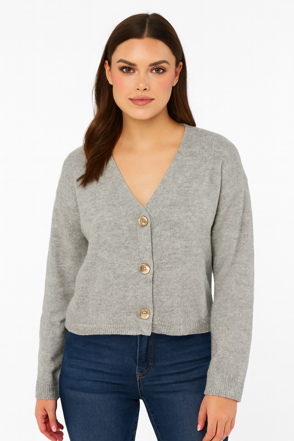 Acrylic Full Sleeve Grey V-Neck Knit Cardigan