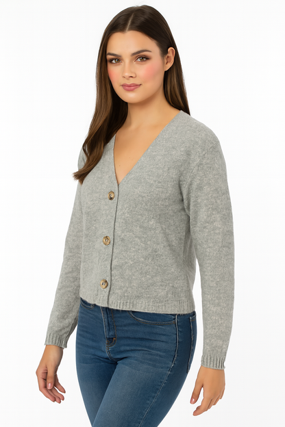 Acrylic Full Sleeve Grey V-Neck Knit Cardigan