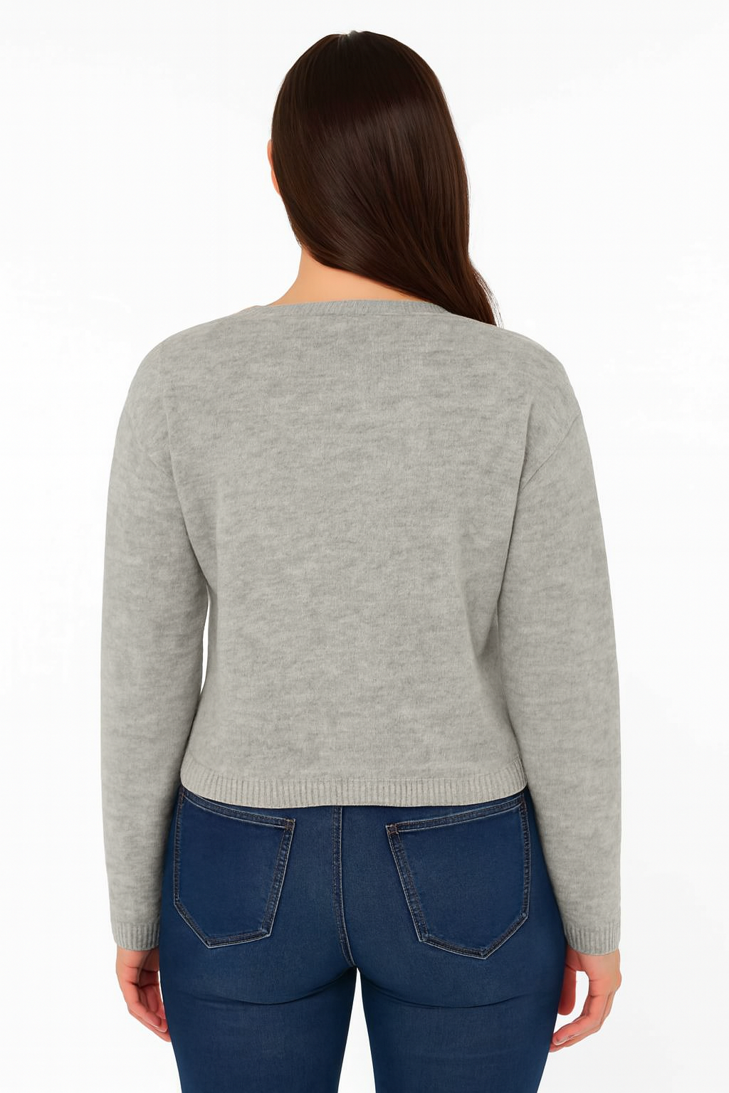 Acrylic Full Sleeve Grey V-Neck Knit Cardigan