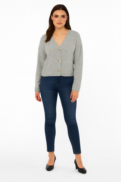 Acrylic Full Sleeve Grey V-Neck Knit Cardigan