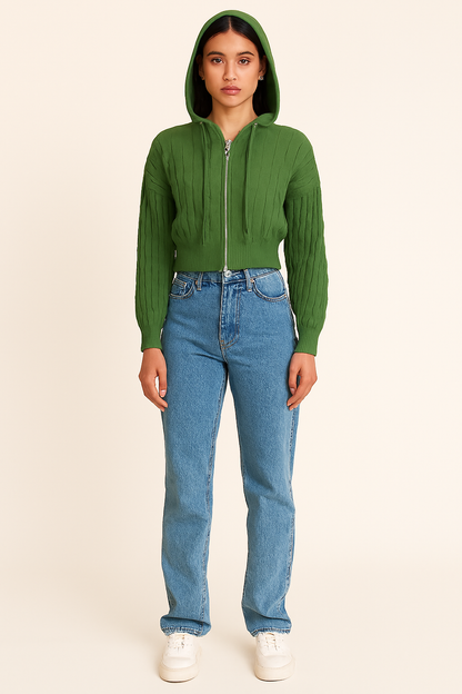Green Hooded Zip-Up Sweatshirt