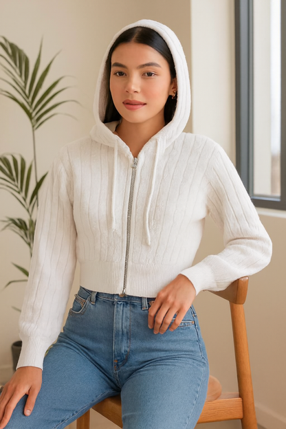 White Hooded Zip-Up Sweatshirt