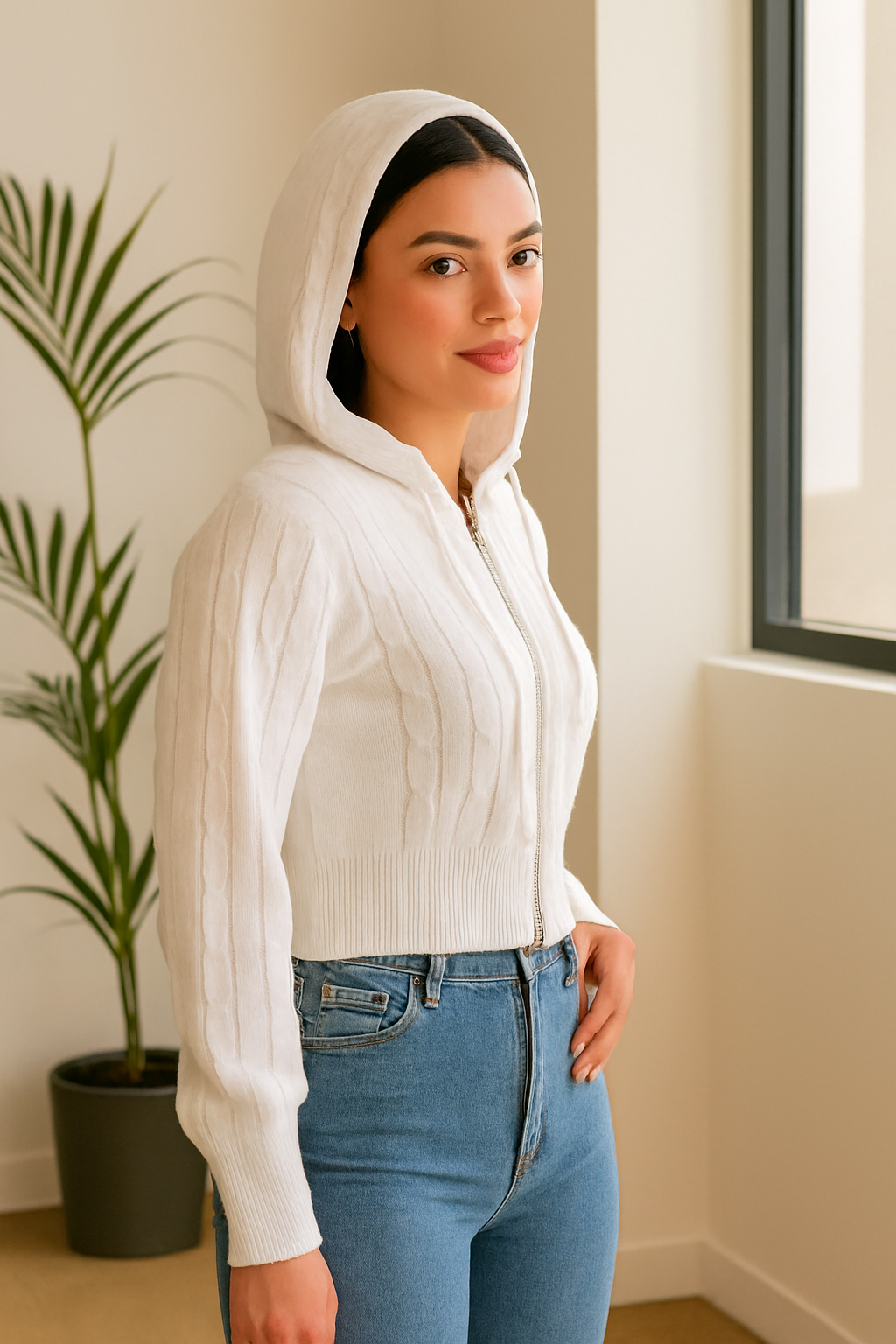 White Hooded Zip-Up Sweatshirt