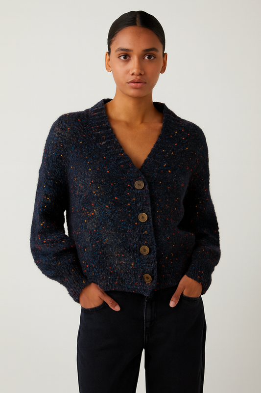 Polyester Dark Blue V-Neck Knitted Cardigan