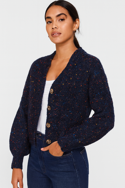 Polyester Dark Blue V-Neck Knitted Cardigan