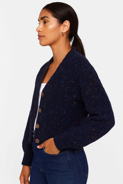 Polyester Dark Blue V-Neck Knitted Cardigan