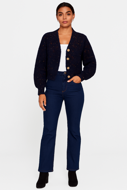 Polyester Dark Blue V-Neck Knitted Cardigan