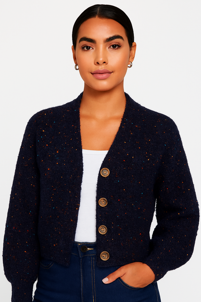 Polyester Dark Blue V-Neck Knitted Cardigan