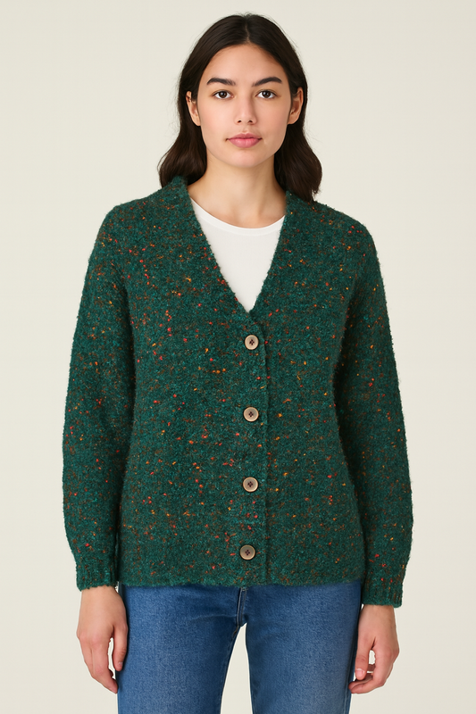 Polyester Green V-Neck Knitted Cardigan
