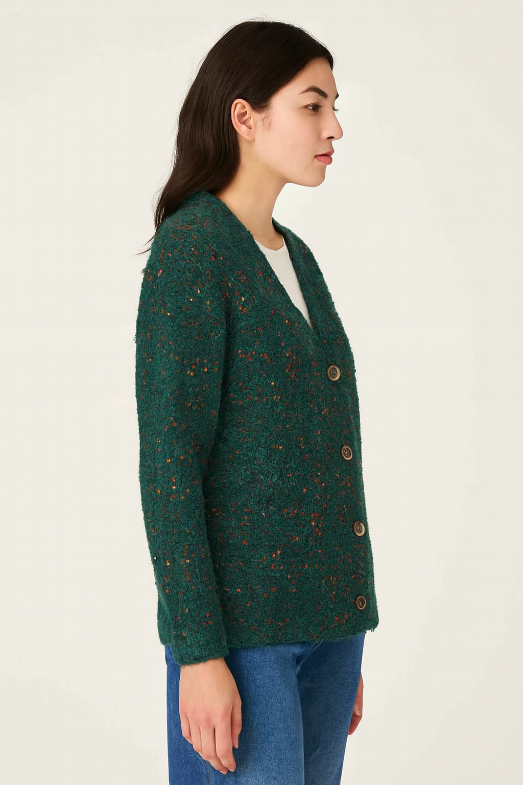 Polyester Green V-Neck Knitted Cardigan