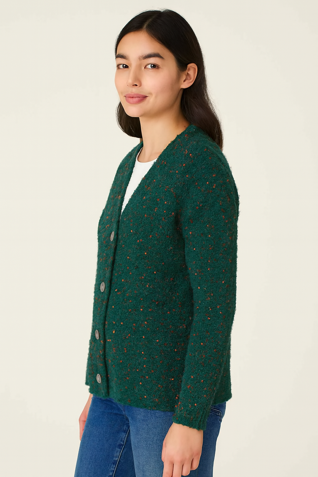 Polyester Green V-Neck Knitted Cardigan