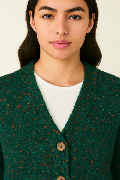 Polyester Green V-Neck Knitted Cardigan