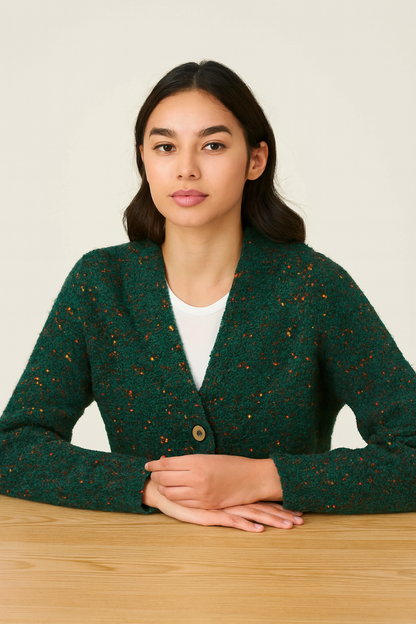 Polyester Green V-Neck Knitted Cardigan