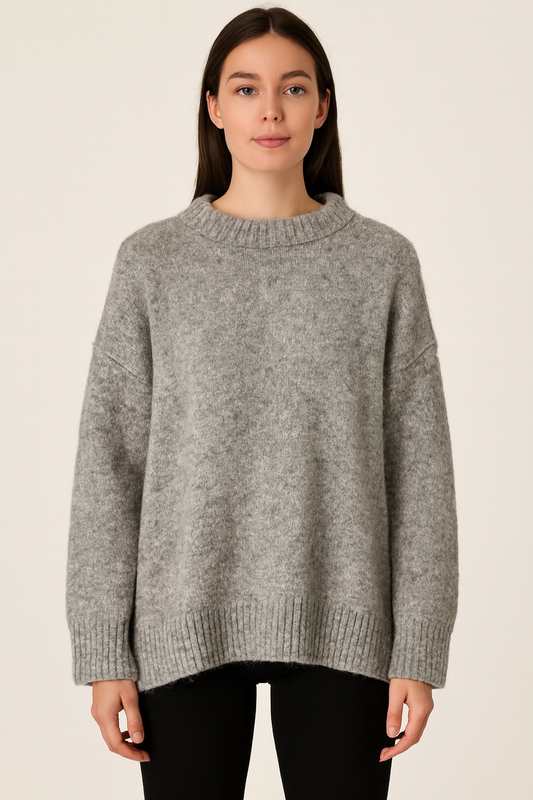 Acrylic Grey Drop-Shoulder Knit Sweater