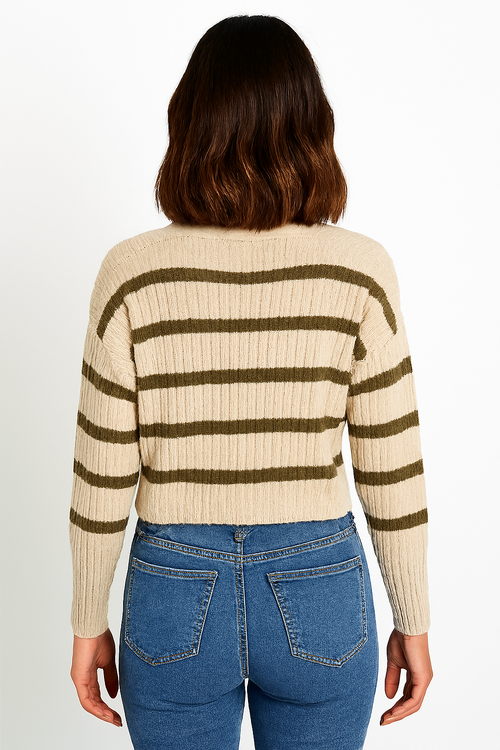 Acrylic Full Sleeve with Striped Knit Button-Front Brown Cardigan
