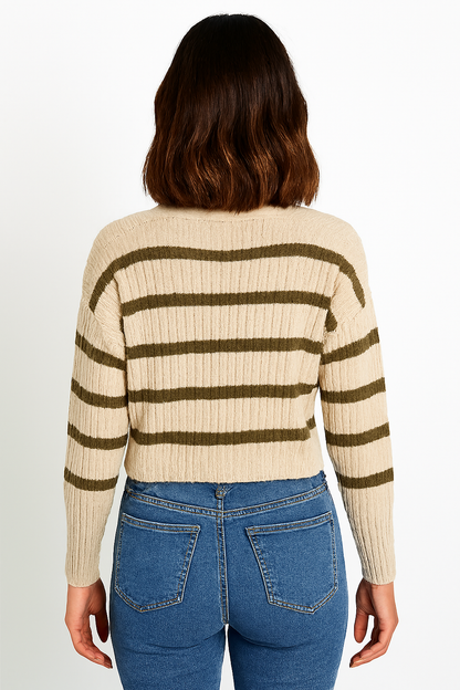 Acrylic Full Sleeve with Striped Knit Button-Front Brown Cardigan