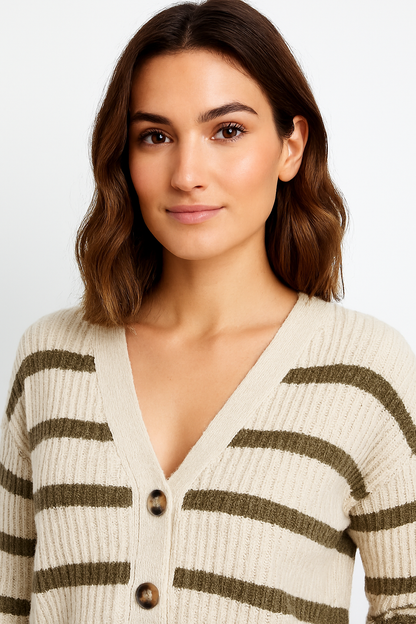 Acrylic Full Sleeve with Striped Knit Button-Front Brown Cardigan