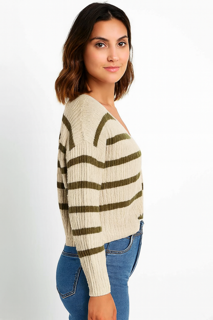 Acrylic Full Sleeve with Striped Knit Button-Front Brown Cardigan