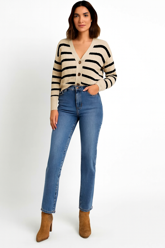 Acrylic Full Sleeve with Striped Knit Button-Front Dark Blue Cardigan