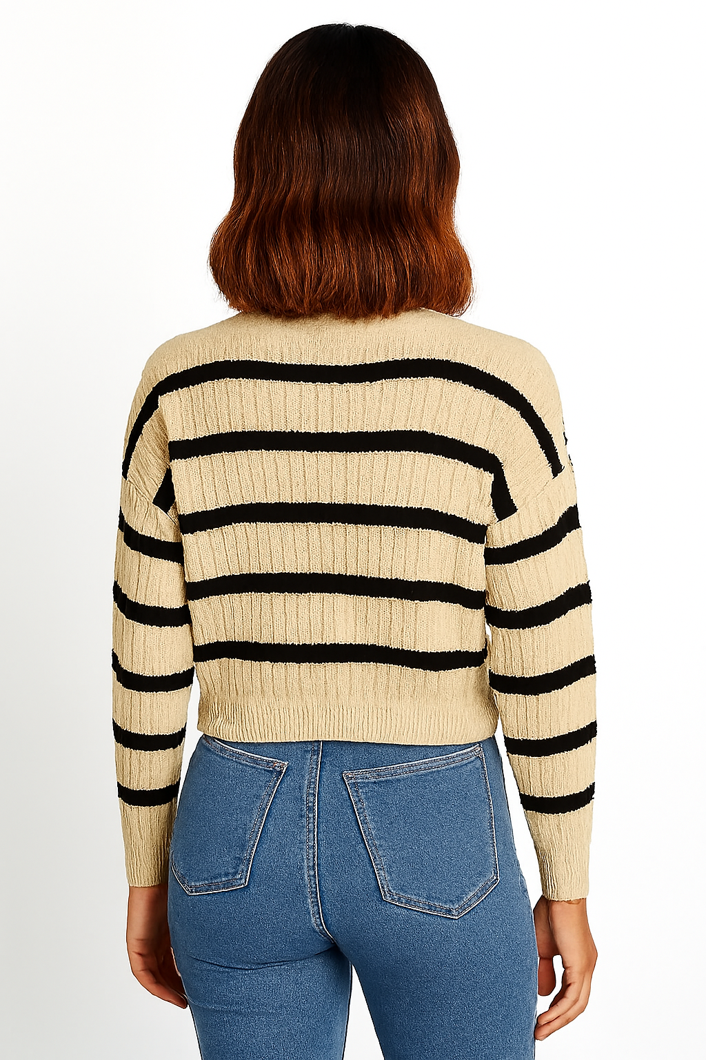 Acrylic Full Sleeve with Striped Knit Button-Front Dark Blue Cardigan