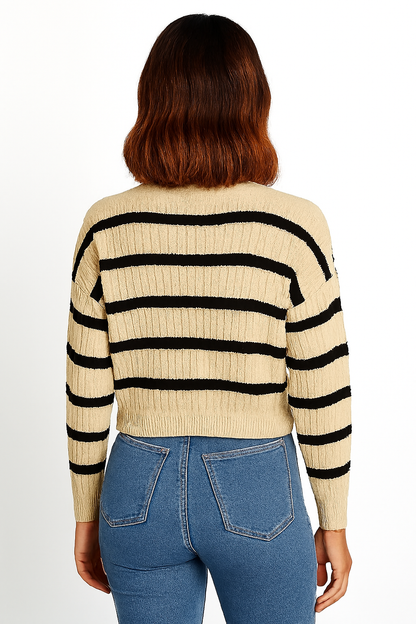 Acrylic Full Sleeve with Striped Knit Button-Front Dark Blue Cardigan
