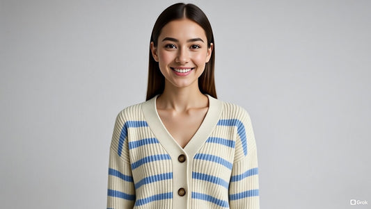 Acrylic Full Sleeve with Striped Knit Button-Front Sky Blue Cardigan