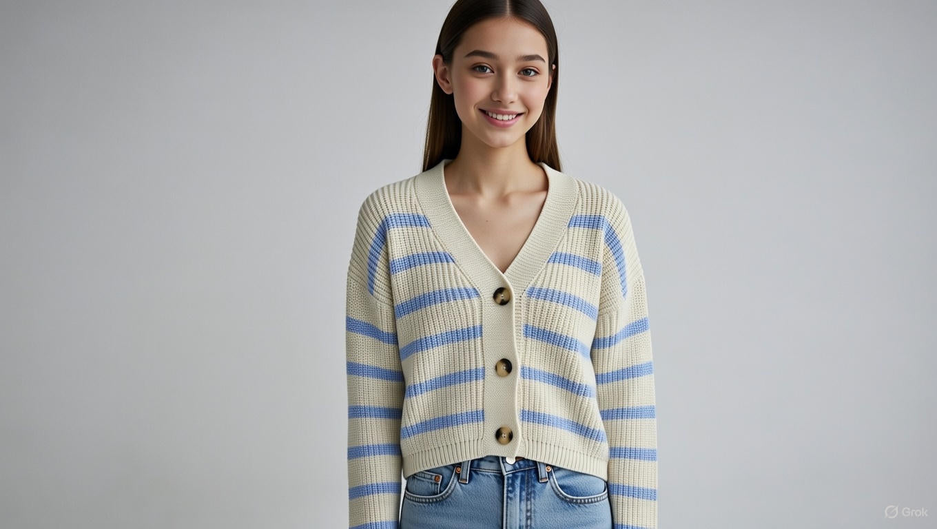 Acrylic Full Sleeve with Striped Knit Button-Front Sky Blue Cardigan