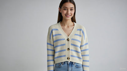 Acrylic Full Sleeve with Striped Knit Button-Front Sky Blue Cardigan